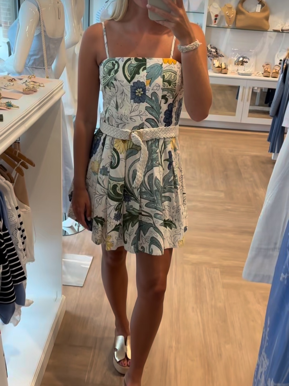 Floral Print Mini Sundress with Braided Belt - White/Green